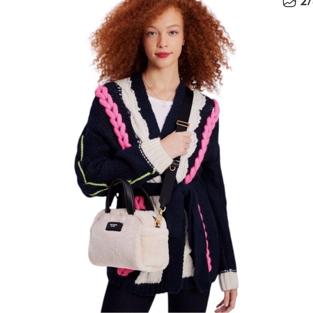Kate Spade Après Chic Faux Shearling Satchel Cream Black NWT - Picture 3 of 11
